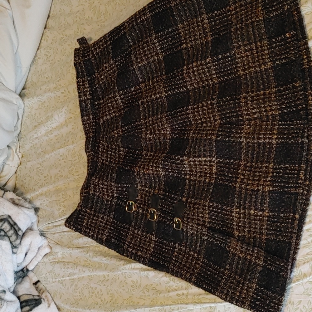2/$20 90s Vintage Autumn Wool Blend Plaid Brown Mini Skirt with Buckle Accents